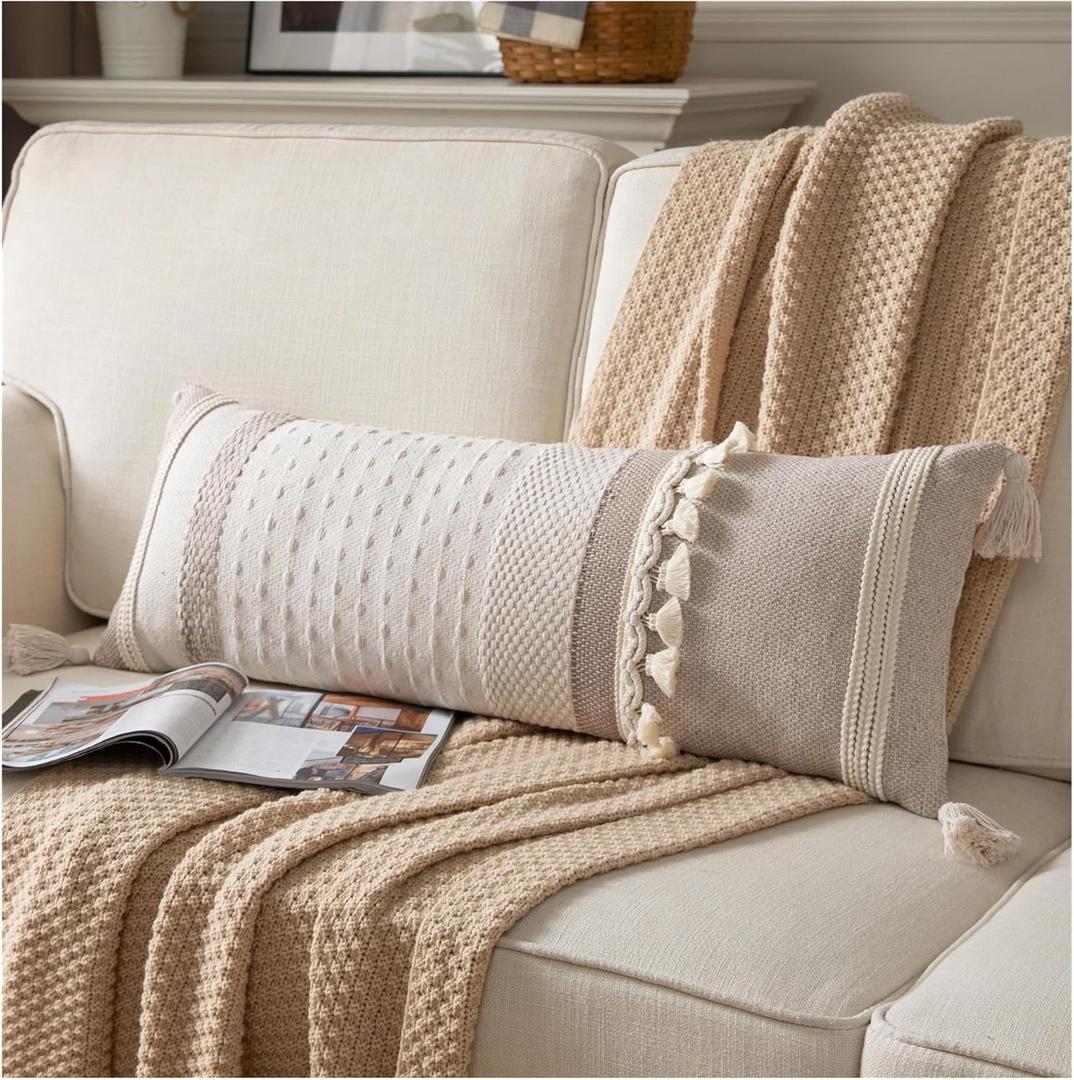 Caflife Boho Lumbar Throw Pillow Cover 14X36 Long Decorative Pillows for Bed, Taupe Beige Woven Body Pillow Cover for Farmhouse Chair Sofa Bedroom Living Room Home Decor Couch Cushion Case, Pack of 1 (36" x 14" (Pack of 1))