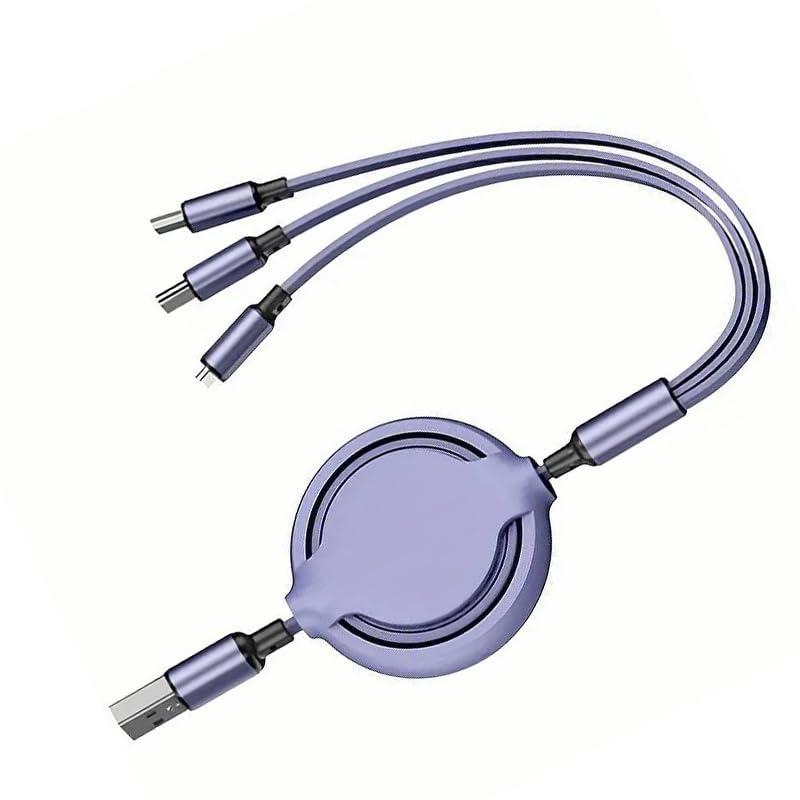 GLOGO 3 in 1 Retractable Charging Cable [3A,3FT] Multi USB Cable Fast Charger Cord for Phone, Samsung, iPad, Tablets, Switch and More - Purple