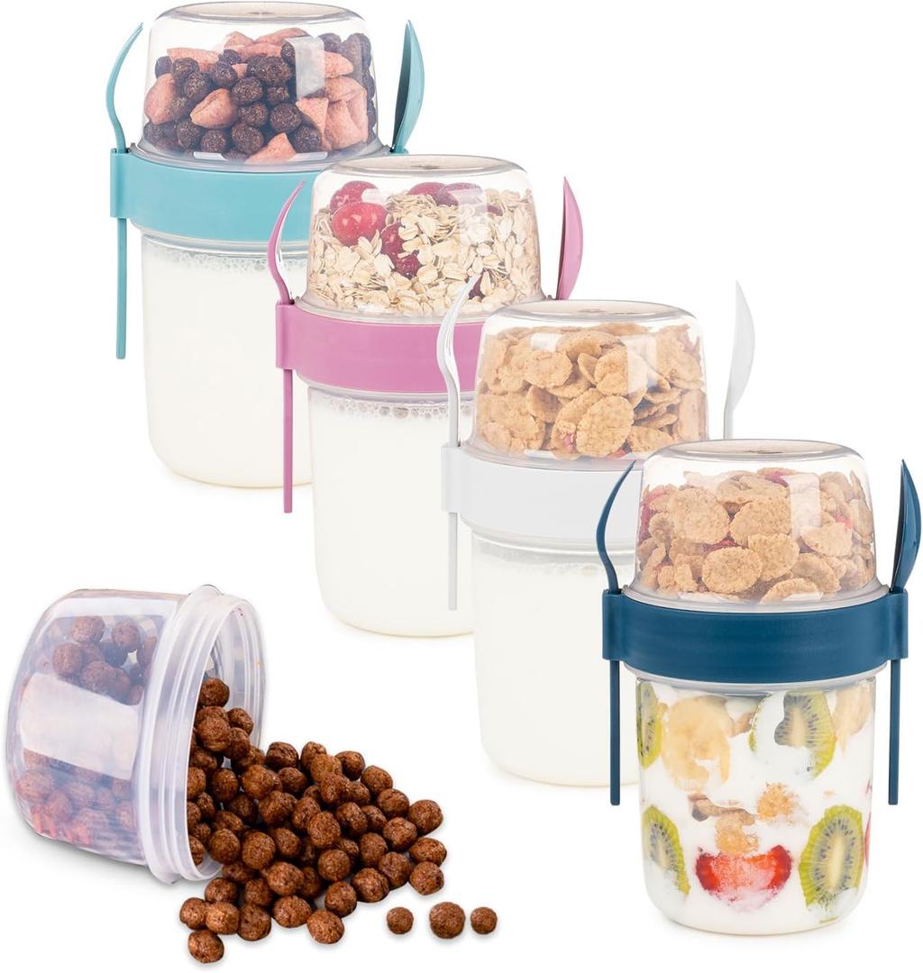 4 Pack On The Go 37 oz Breakfast Cups with Lids and Spoon, Reusable Cereal Yogurt Cup with Topping Plastic Overnight Oats Container for Granola Oatmeal (37 oz- 4 Pack)