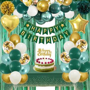 Green Birthday Decorations, Emerald Green and Gold Balloons Party Decorations Happy Birthday Banner Emerald Green Fringe Curtain Bday Tablecloth Paper Pom Poms for Women Men Bday Decor