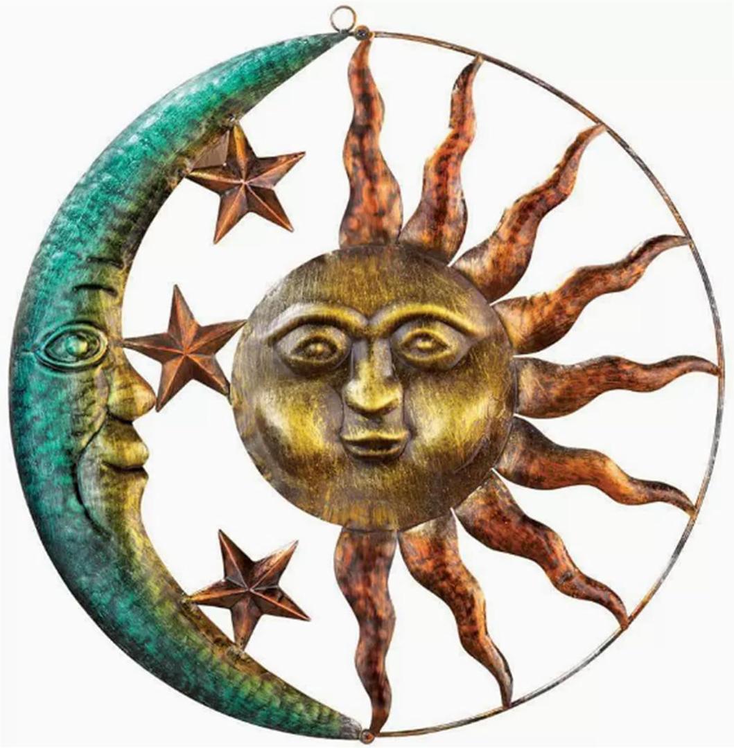 GUAN YANG Metal Sun and Moon Vintage Wall Decor, 46.5x46.5cm Original Design Waterproof Sturdy Easy to Install Boho Celestial Wall Art for Rustic Home Living Room Indoor Outdoor Decor, 18.3"L x 18.3"W