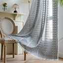 Boho Curtains 63 inch Long 2 Panels For Living Room Bedroom, Dark Grey Chic Embroidered Linen Farmhouse Light Filtering Drapes Privacy Striped Rod Pocket Window Treatment with Tassels, W52xL63