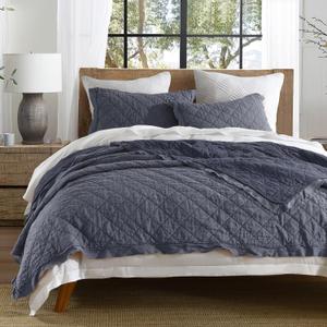 HORIMOTE HOME 100% Linen Front/100% Cotton Back Quilt Set Queen Size, Steel Blue PreWashed European Flax Linen Quilt, Diamond Stitch Bedspread Coverlet Bedding Set 3Piece for All Seasons