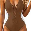 Aqua Eve Womens One Piece Swimsuits Tummy Control- Sexy Slimming Bathing Suit Color Block Lace Up Swimwear 2025 (Brown, M)