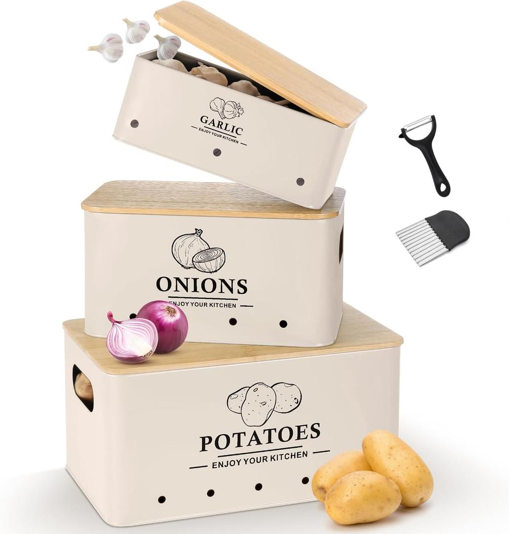 Dekosilave Kitchen Vegetable Storage Set of 3, Metal Onion Garlic Potato Storage Set, Kitchen Canisters Vegetable Keeper Containers with Aerating Holes and Wooden Lid (Beige)