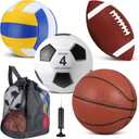 HyDren 4 Pcs Assorted Sports Balls Set for Kids Back to School Recess PE Equipment Official Size Basketball, Soccer, Football, Volleyball with Carry Bag and Pump for Outdoor Playground Gift (Brown)