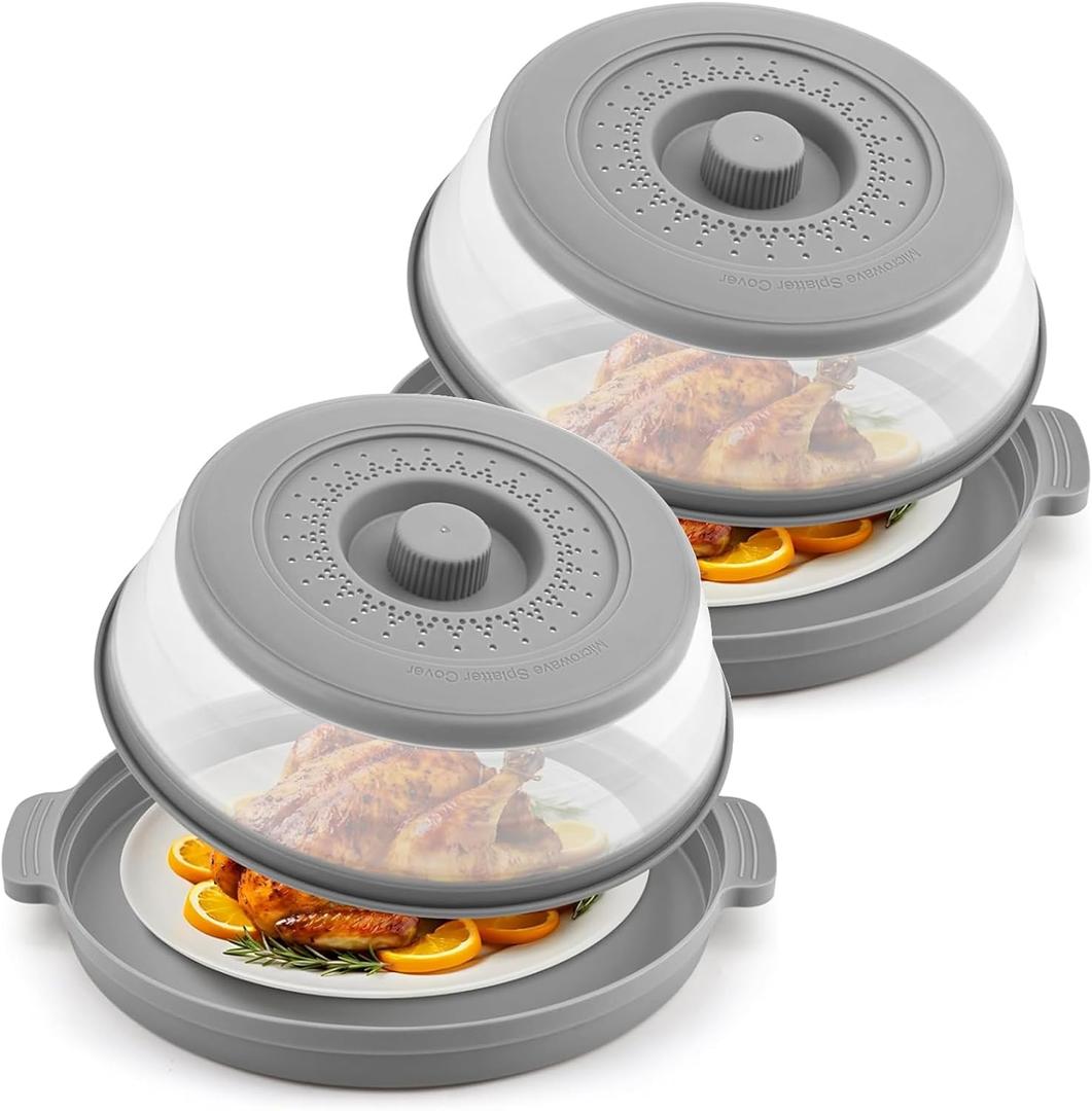 2 Pack Microwave Splatter Cover for Food with Anti-scald Base Plate,Large Plastic & Silicone Vented Avoid Scalding Collapsible Guard Lid,Kitchen Essential Gadgets for Meal Prep-10.7 Inch (2 Pcs Gray)