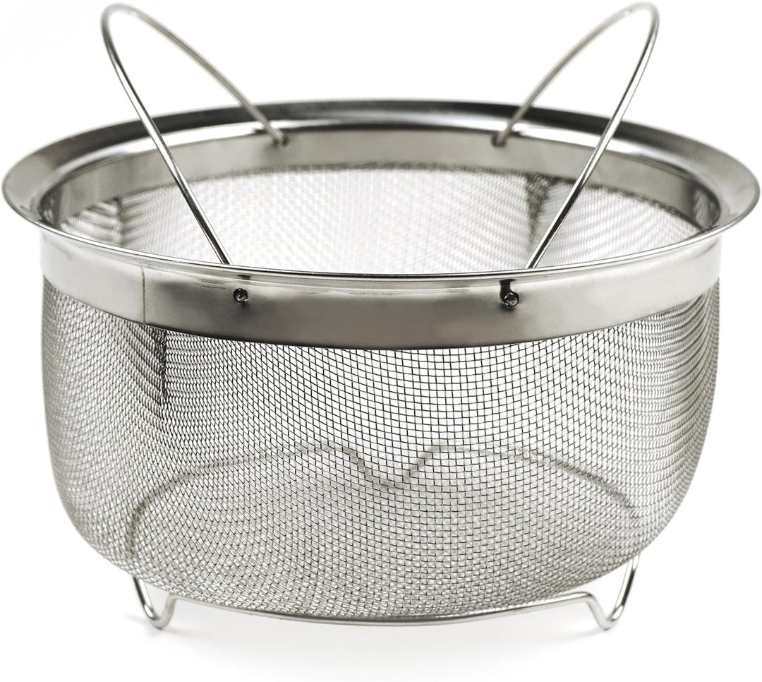 RSVP International Mesh Colander Strainer Basket with Folding Handles, 3 Quarts | For Pasta, Frying, & Salads | Dishwasher Safe | Use in Pressure Cookers | Steaming, Draining & Rinsing (Stainless Steel Mesh)