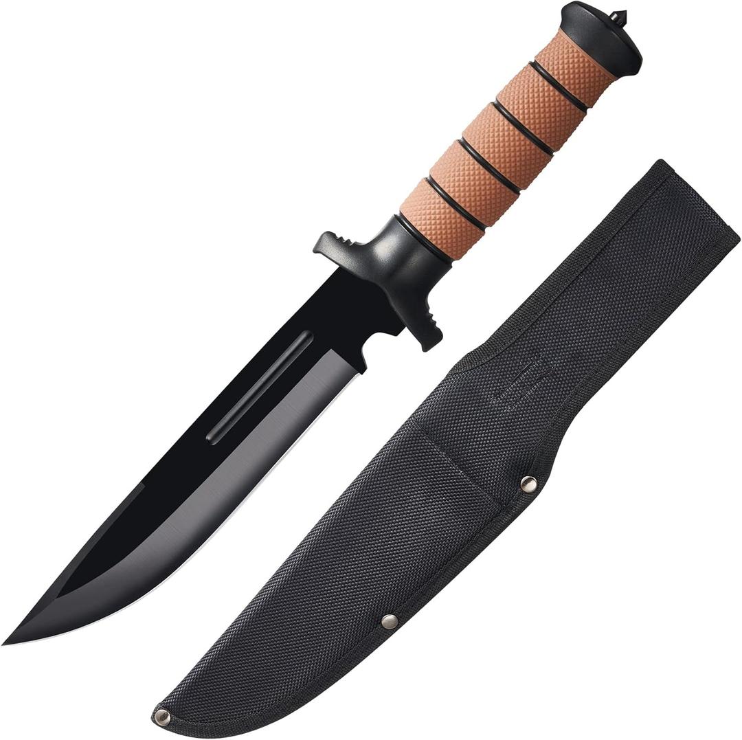 13.6" Fixed Blade Tactical Fighting Knife with Sheath, Stainless Steel Survival Hunting Bushcraft Full Tang Non-Slip Handle Bowie Knife for Camping, Hunting, Adventure, Outdoors, EDC, D101BK (Brown)