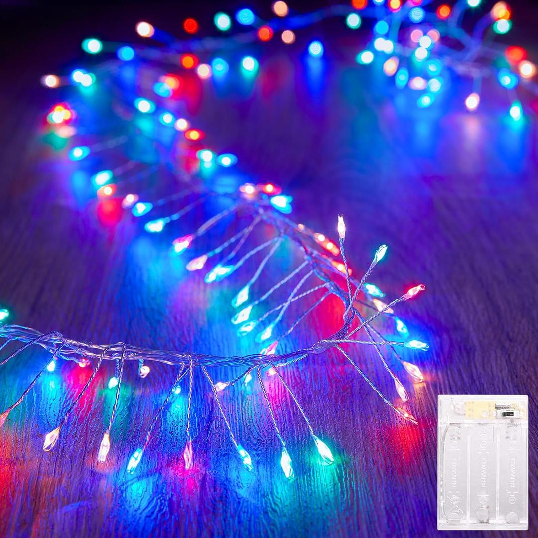 Battery Operated Fairy Lights, 10Feet 120LEDs Firecracker String Lights Waterproof Silver Wire Starry Firefly Lights for DIY Wreath Home Wedding Indoor Outdoor Christmas Decorations, Multicolor