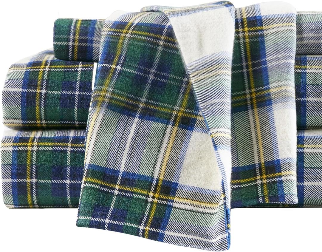 Comfort Spaces Cotton Flannel Sheets Full Size, Ultra Soft Flannel Sheet Set with 12" Elastic Pocket Fits up to 14" Mattress, Plain Print Warm Flannel Bedding, Scottish Plaid Green 4 Piece