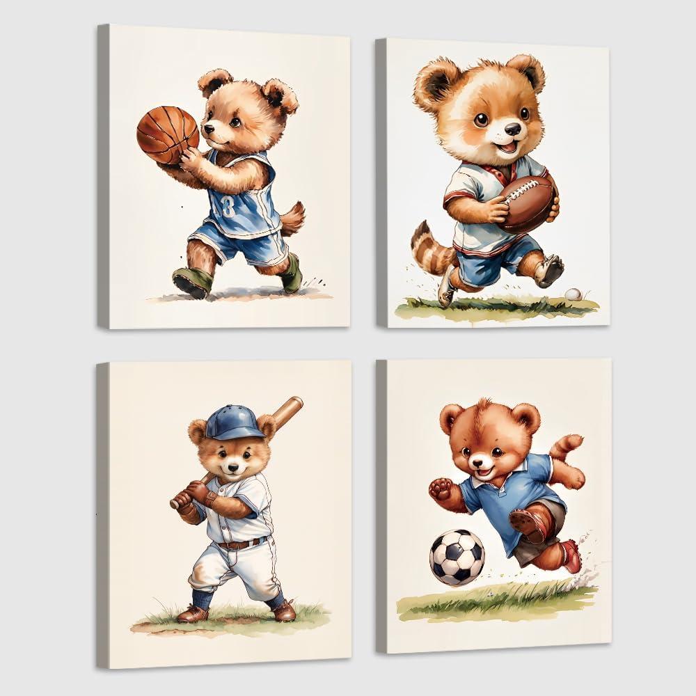 Framed Children's sports Canvas Wall Art printing Sports Decor for Boys Bedroom Rustic Soccer Baseball Rugby Basketball Canvas Pictures Kids Wall Art Vintage Ball Painting - Set of 4 (8"X10"