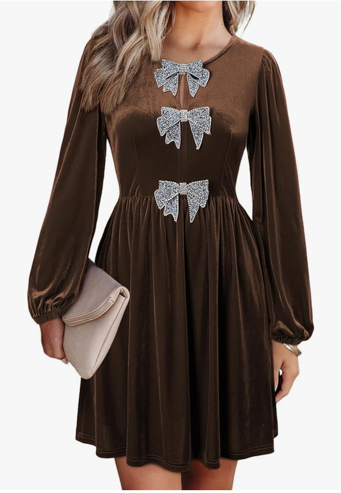 Happy Sailed Womens Velvet Dress Fall Winter Long Sleeve Bowknot High Waisted A Line Cocktail Dresses for Wedding Guest, Large