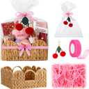 Valentines' Day Small Woven Gift Basket Empty Galentines with Gift Bags and Ribbons Raffia Cherry Pendant Storage Basket Decorative for Valentines Birthday Party Supplies 11.02'' x 11.02'' x 5.12''