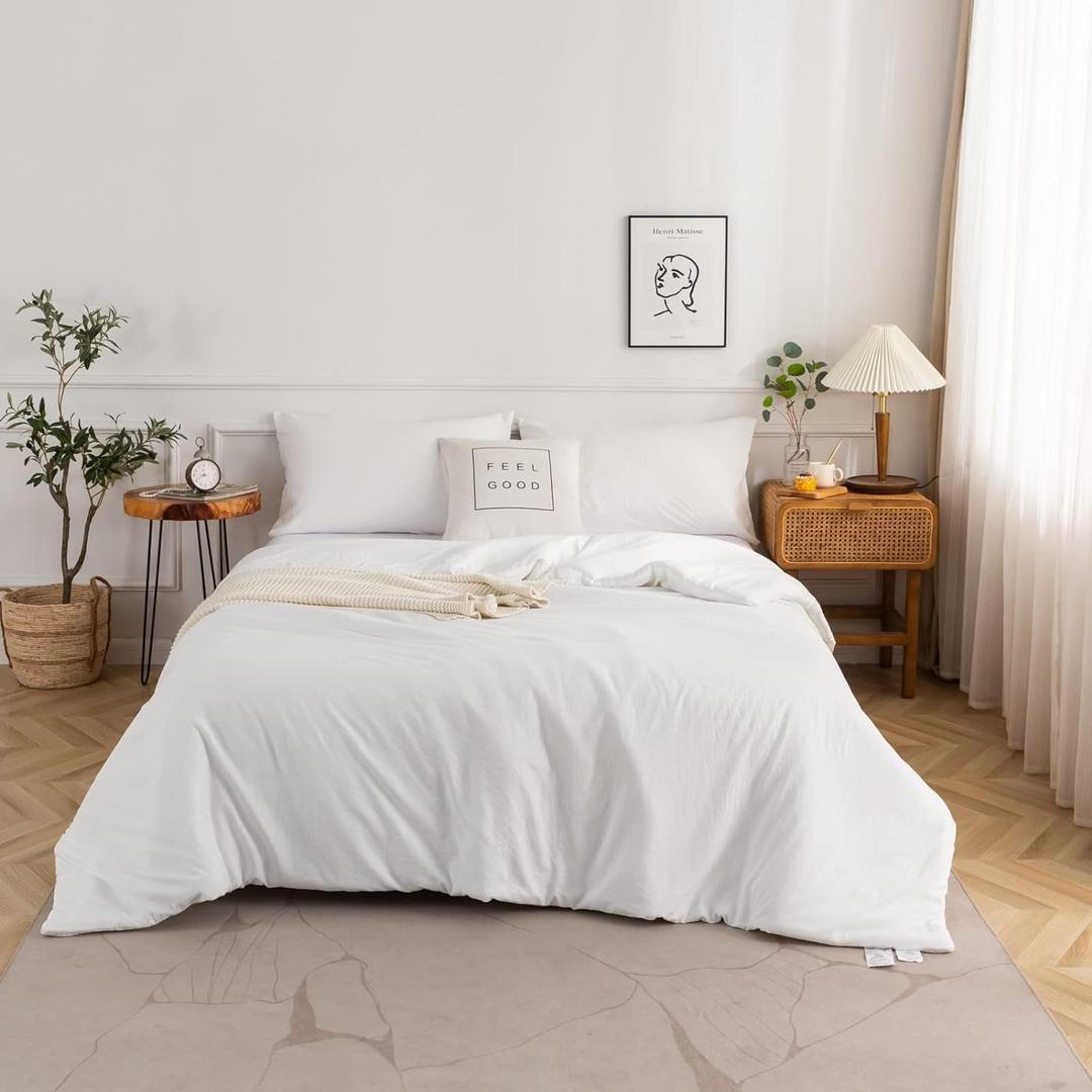 COTTEBED White Comforter King Size Set Bed, Luxury Hotel Super Soft Fluffy Washed Cotton, 1 Down Comforter 2 Pillowsham, Lightweight Modern Solid Bedding Collection All Season (White,King/Cal King) (King/Cal King, White)