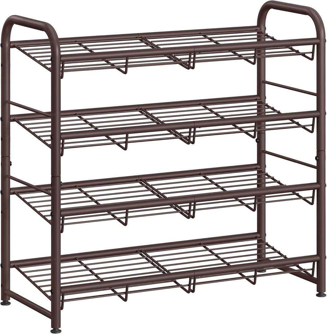 SONGMICS Stackable Shoe Rack, 4 Tier Metal Shoes Rack Storage Shelf, Holds up to 16 Pairs Shoes, Adjustable Slanted Shelves Tower Organizer for Closet Entryway Small Spaces, Bronze