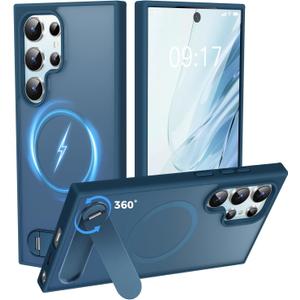 Reukdnv Magnetic for Galaxy S24 Ultra Case with Durable Metal Stand, Military Grade Drop Protection, Fit for MagSafe, Slim Phone Case for Galaxy S24 Ultra (6.8"), Translucent Matte Hard Case Cover (Blue)