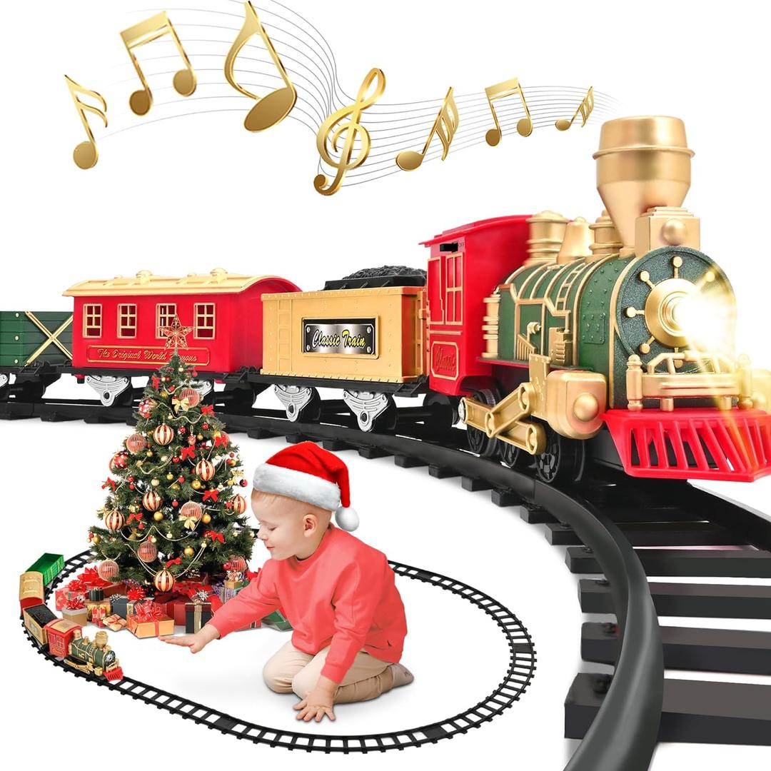 Train Set - Christmas Train Toys, Battery-Powered Locomotive Engine with Sound and Lights, Cargo Cars & 10 Tracks, Toy Train Sets for Boys Age 3 4 5 6, Standard Size.