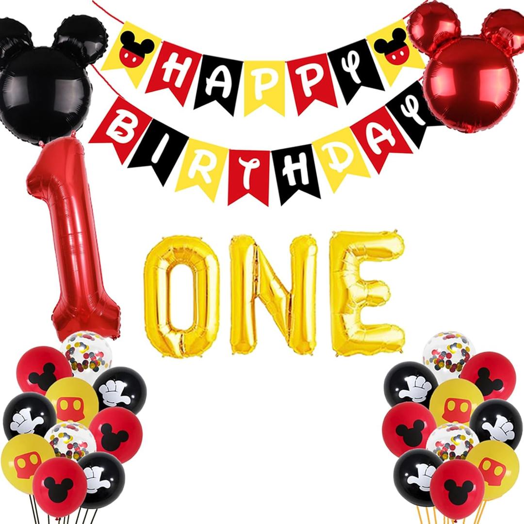 Letromp Mickey 1st Birthday Decorations Boys First Year Old Balloons Boys One Banner for Mickey 1st Birthday Baby Shower Party Supplies Decorations, Large, Red