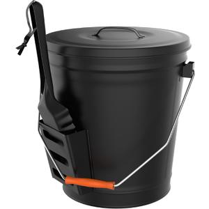 Ash Bucket - 4.75-Gallon Metal Bucket with Lid and Shovel for Fireplace or Firepit Ashes - Heat Resistant Fireplace Tools by Pure Garden (Black)