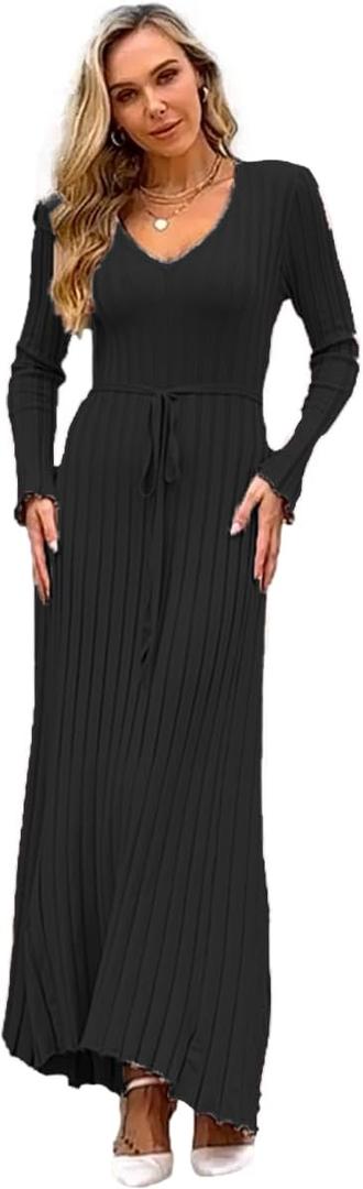 RanRui Womens Winter Fall Pleated Knitted Fit and Flare Long Sleeve Sweater Dress (6-8, C-black)