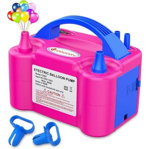IDAODAN Electric Balloon Pump, Portable Electric Balloon Blower Machine Balloon Air Pump Dual Nozzle Rose Red 110V 600W Balloon Inflator for Party Decorations