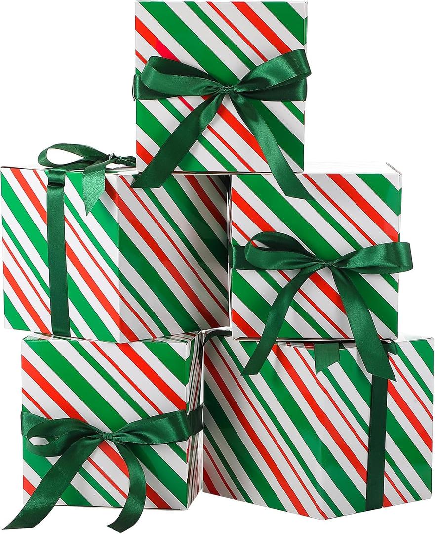 MotiMind 5 Pack Red and Green Striped Christmas Gift Boxes with Lids 7x7x7 Square Gift Box with Ribbons for Wrapping Christmas Presents Wedding Bridesmaid Holiday Party Favor Boxes
