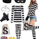 Halloween Robber Costume Set, Burglar Costume Women, 9 Pieces Cosplay Thief Bank Robber Black and White Striped Shirt (Medium)