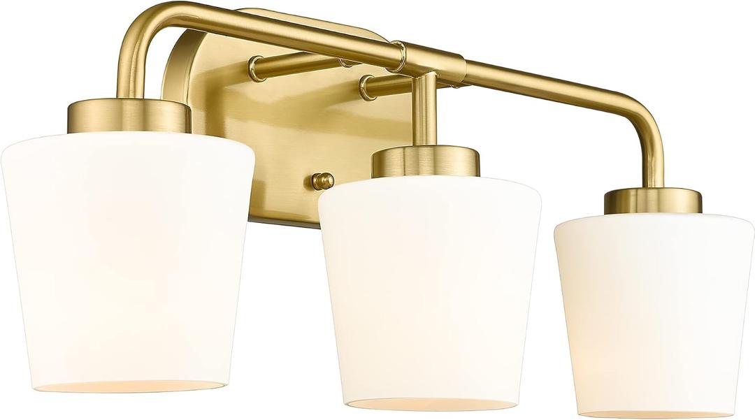 Brushed Gold Bathroom Vanity Light, Farmhouse Brass Sconces Wall Lighting with Milk White Glass, 3-Light Bathroom Light Fixture Over Mirror, AD-22004-3W-GD