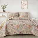 WONGS BEDDING Floral Quilt Set King Size, Khaki Botanical King Bedspread Bedding Sets Soft Lightweight Microfiber Flower Coverlet Set 3 Pieces for All Season (104"x90")