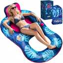 Upgrade Travel Pool Floats Adult with Carry Bag, Fabric Portable Packing Inflatable Pool Floats for Pool Floating, Luxury Floats with Backrest and Cup Holder, Fast Inflation, Floral Design (Navy)