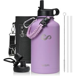 64oz Insulated Water Bottle with Paracord Handle, INSPI Half Gallon Stainless Steel Water Bottle with Straw, Sports Water Jug with Carry Pouch and Carabiner for School & Hiking, Keep Cold Hot, Purple