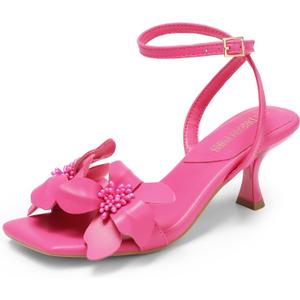 DREAM PAIRS Women's Flower Wedding Heels Cute Square Toe Slingback Low Kitten Heels Sandals with Ankle Strap