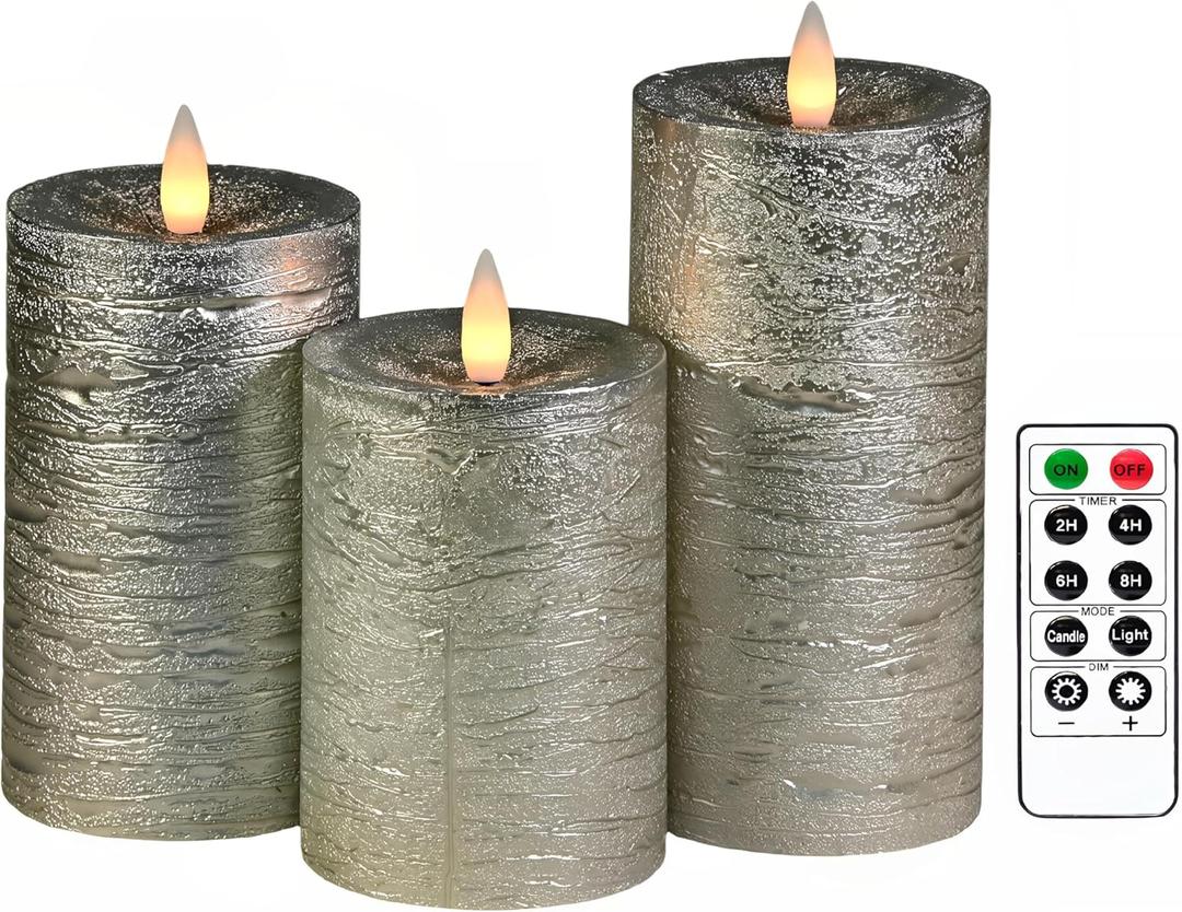 Shiny Metallic Silver Flameless Pillar Candles, Patented 3D Realistic Moving Flickering Flame with Remote Timer, Battery Operated 400hrs for Wedding, Holiday, Party, Decor, Gift(Set of 3)