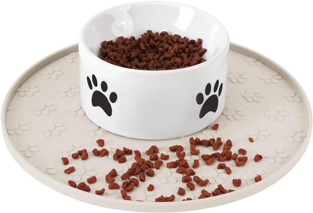 Silicone Pet Food Mat - Waterproof Dog Food Bowl Mat Cat Feeding Mat Thicker Pet Placemat Eating Mat with High Lip to Prevent Spills, Dog Cat Water Bowl Mat for Messy Drinkers to Protect Floors, Beige