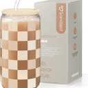 SANDJEST Checkerboard Glass Can, Beige Checker Cup with Lid & Straw, Iced Coffee Aesthetic Cups, Gift for Christmas Birthday Mother Day, Gifts for Women, 16oz