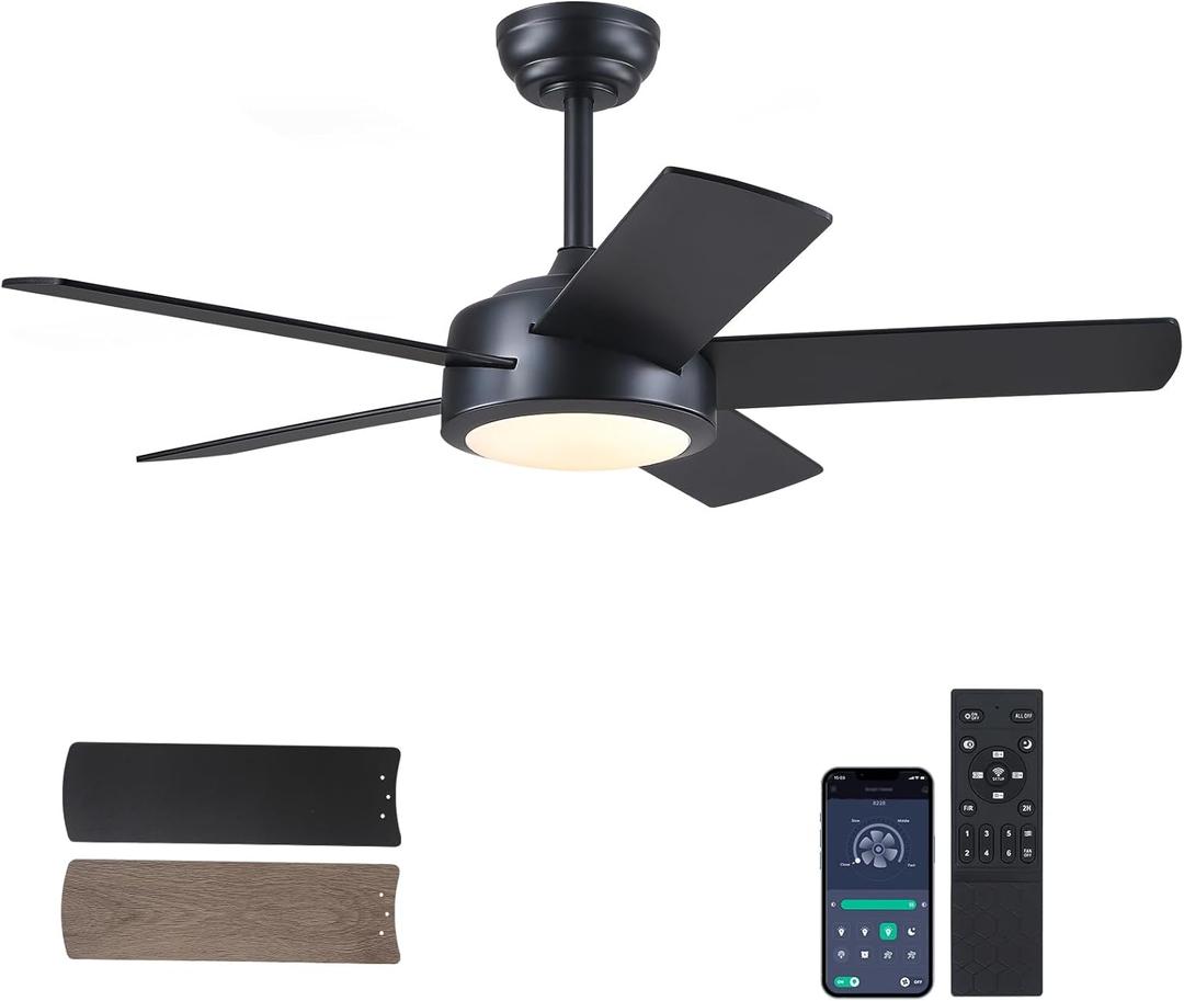 42" Black Ceiling Fans with Lights - Modern Low Profile Ceiling Fan with Lights and Remote Control, 5 Dual-Sided Blades, Reversible DC Motor, Ceiling Fan for Indoor and Outdoor
