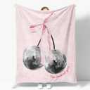 Preppy Pink Cherry Bow Throw Blanket, Retro Disco Ball Soft Fluffy Blanket, Coquette Pink Christmas Blanket Gift for Women Girls Couch Sofa Bedroom Room, 50x60 Inches
