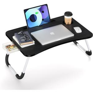 Foldable Laptop Bed Table Tray - Folding Lap Desk with Cup Holder - Portable Serving Breakfast Tray with Storage Drawer/Tablet Stand/for Working, Writing, and Eating on Bed, Sofa, or Floor 