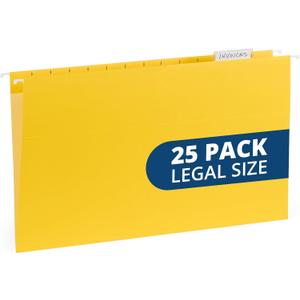 25 Blue Summit Supplies Yellow Legal Size Hanging File Folders - Durable 11pt Paper, Hanging Legal File Folders Yellow with Plastic Tabs and Inserts, Legal Size