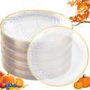 Rubtlamp 100 Pcs Gold Thanksgiving Plastic Plates - 10 inch Clear Gold Dinner Plates - Hammer Pattern Design - Fancy Disposable Plate - Heavy Duty Party Friendsgiving Plate Ideal for Thanksgiving