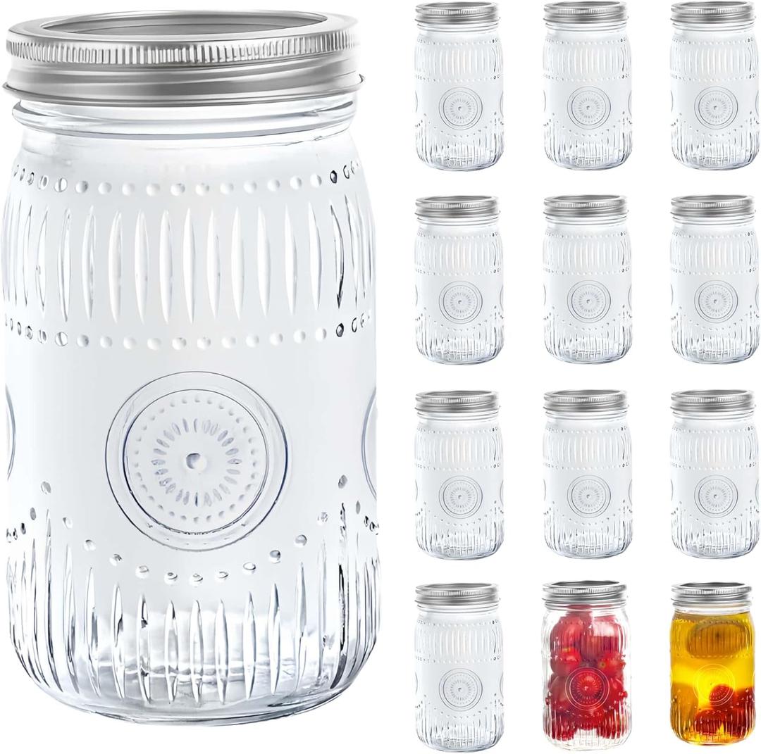 Amzcku 32oz Vintage Mason Jars with Lids, Wide Mouth Quart Canning Jar 12 Pack