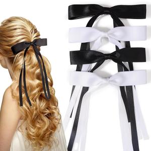 Bow Hair Clips, 4pcs Ribbon Hair Bows Clips for Women and Girls Tassel Hair Bow Claw Clips Solid Metal Bow Clips BowKnot Barrettes Hair Accessories for Hair (Black And White)