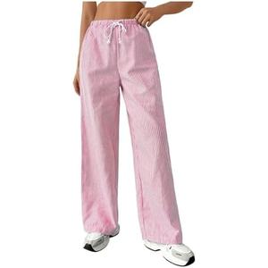 GORGLITTER Women's Striped Baggy Drawstring Waist Pants Y2k Straight Leg Loose Trousers, L