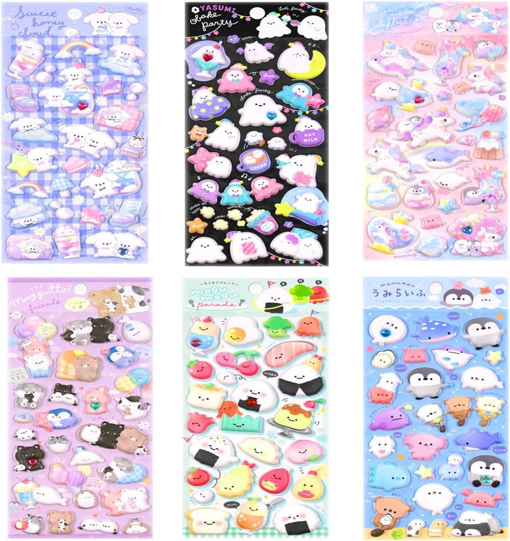4 x 4 Sheets Fantasy 3D Animal Cartoon Glow-in-The-Dark Stickers - Small Puff Stickers with Penguin, Bear, Elf, and Cat Designs for Kids, DIY Fun in The Dark