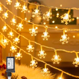 Brightown 43ft 100 LED Snowflake Christmas Lights, Plug in Snowflake Fairy String Lights, 8 Modes with Timer, Waterproof Connectable for Indoor Outdoor Birthday Wedding Christmas Decor (Warm White)