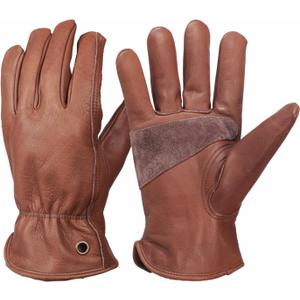 Retro Brown Cowhide Leather Work Gloves for Construction, Yardwork, Gardening with Reinforced Palm for Men & Women (Large)