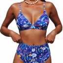 ZAFUL Bikini Sets for Women High Waisted Tummy Control Swimsuit V Neck Floral Print Bathing Suit 2 Piece High Cut Swimwear (Blue, S)