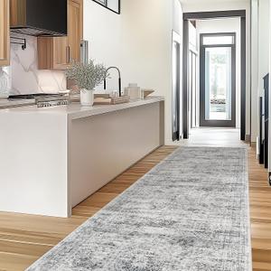 Kitchen Runner Rugs Non Skid Washable - 2.5 x 10 Runner Rug with Anti Slip Backing, Ultra-Thin Soft Rug Runner for Hallway, Bedroom, Living Room (2'x10', Grey/Ivory)