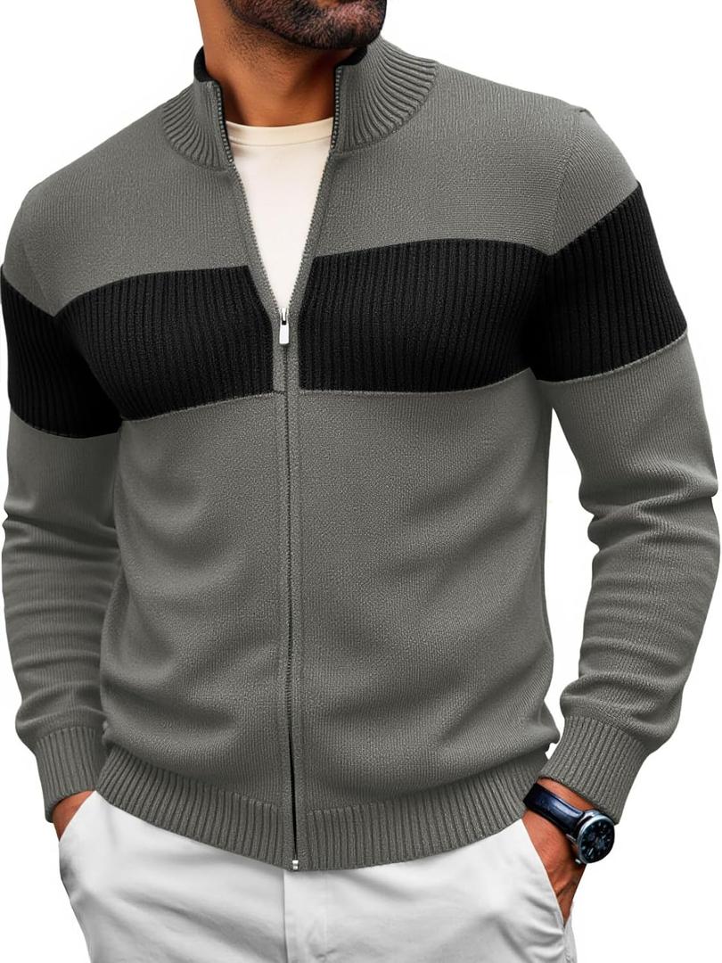 Runcati Mens Full Zip Cardigan Sweater Casual Knit Stand Collar Cardigan Slim Fit Color Block Fall Winter Sweaters (X-Large, Dark Grey)